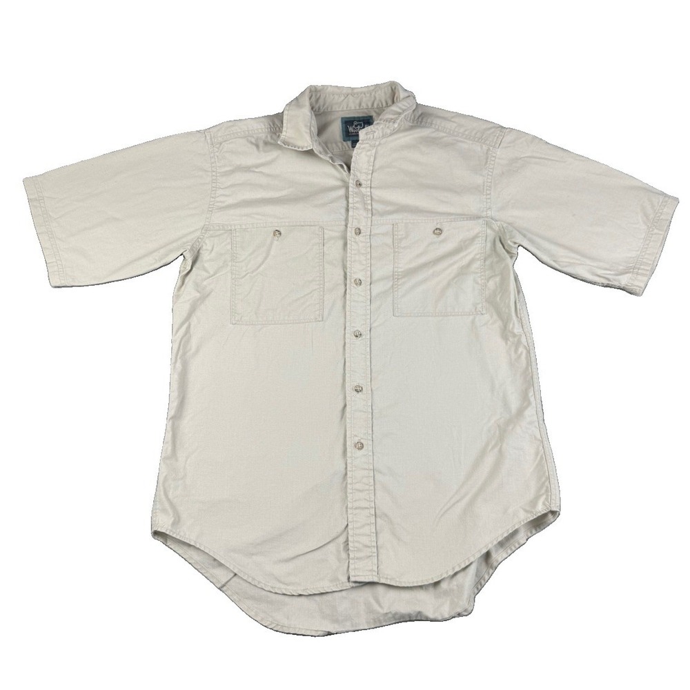 Woolrich Mens L Shirt Made USA 100% Cotton Khaki Short Sleeve Outdoor Vintage